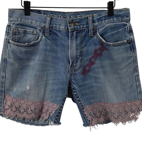 American Eagle Outfitters Pants - American Eagle Reworked Lace Trim Denim Shorts Boho Coquette Upcycled Size 6